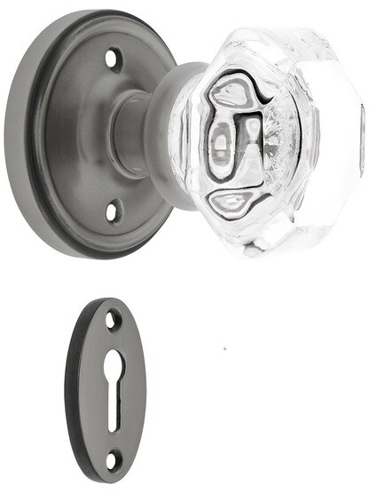 Classic Rosette Mortise Lock Set With Waldorf Crystal Knobs in Antique Pewter.